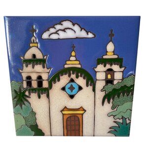 Carmel Mission Pacific Blue Tile Art Trivet Hand-Painted Ceramic USA Vintage 6"
